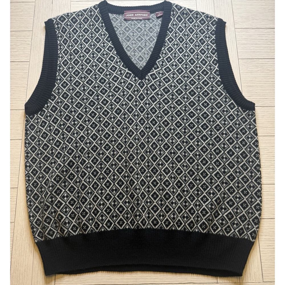 John Ashford Vintage Italian Wool Black &‎ White Geo Print Sweater Vest XL